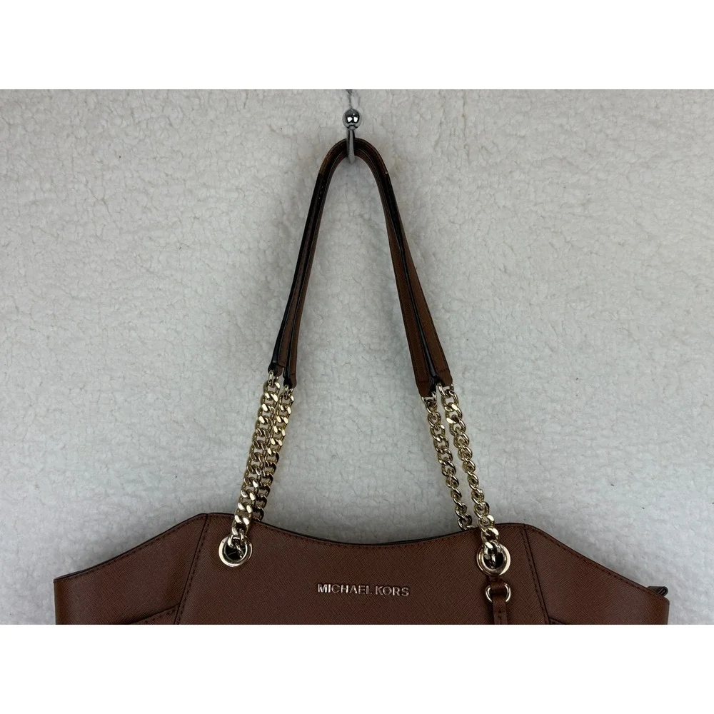 Michael Kors Jet Set East West Tote Brown Saffiano Leather Gold Chain Bag - Picture 3 of 12